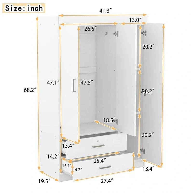 Armoire-penderie 3 portes avec miroir, étagères et 2 tiroirs