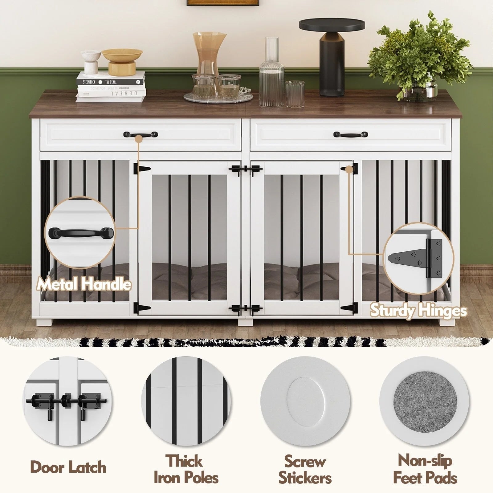 Meuble Niche Double pour Chiens en Bois avec 2 Tiroirs et Séparateur