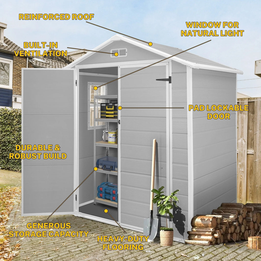 Abri de jardin en résine toutes saisons avec plancher de 1,8 m x 1,2 m / 1,8 m x 2,4 m / 2,4 m x 1,8 m / 2,4 m x 3 m, abri à outils Spire