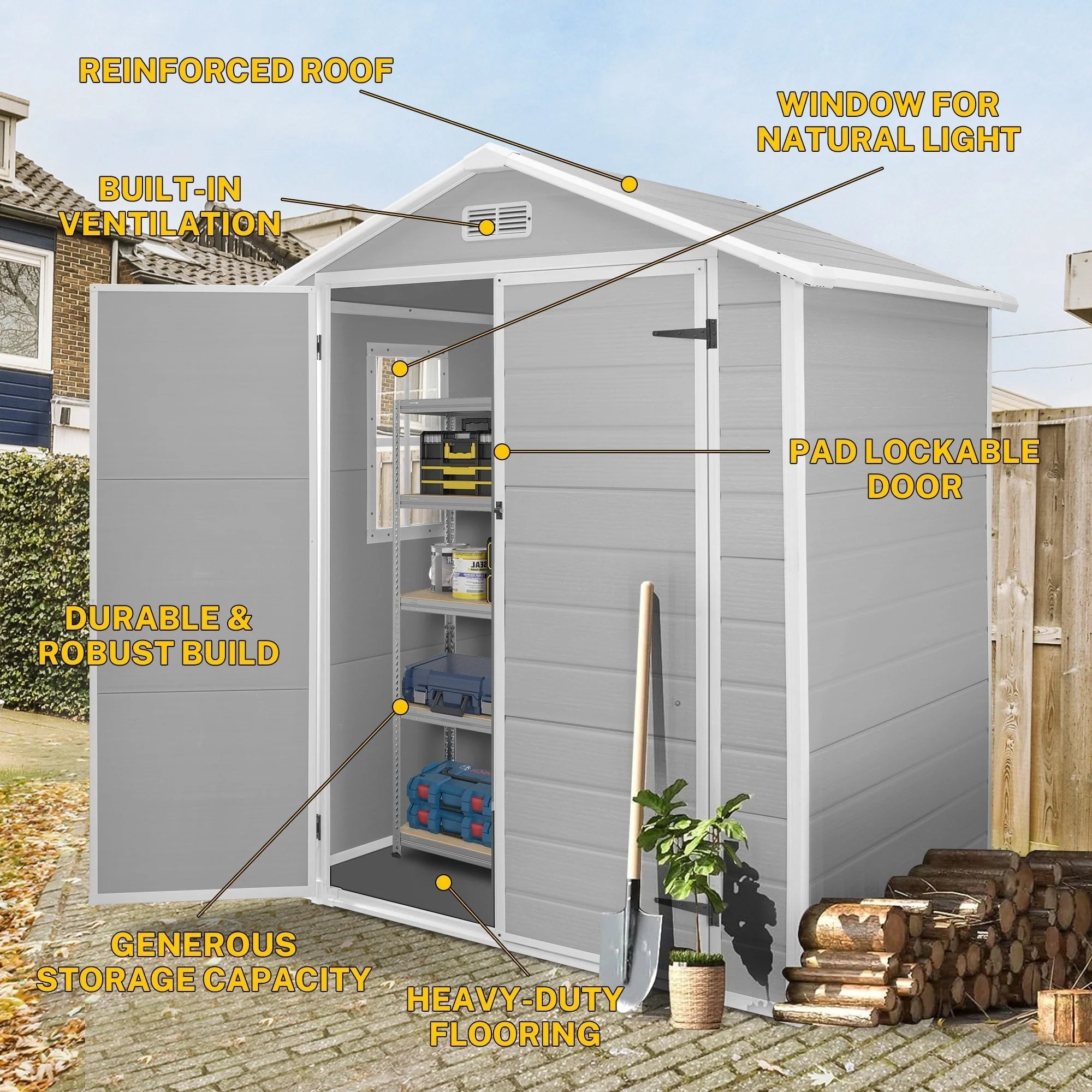 Abri de jardin en résine toutes saisons avec plancher de 1,8 m x 1,2 m / 1,8 m x 2,4 m / 2,4 m x 1,8 m / 2,4 m x 3 m, abri à outils Spire
