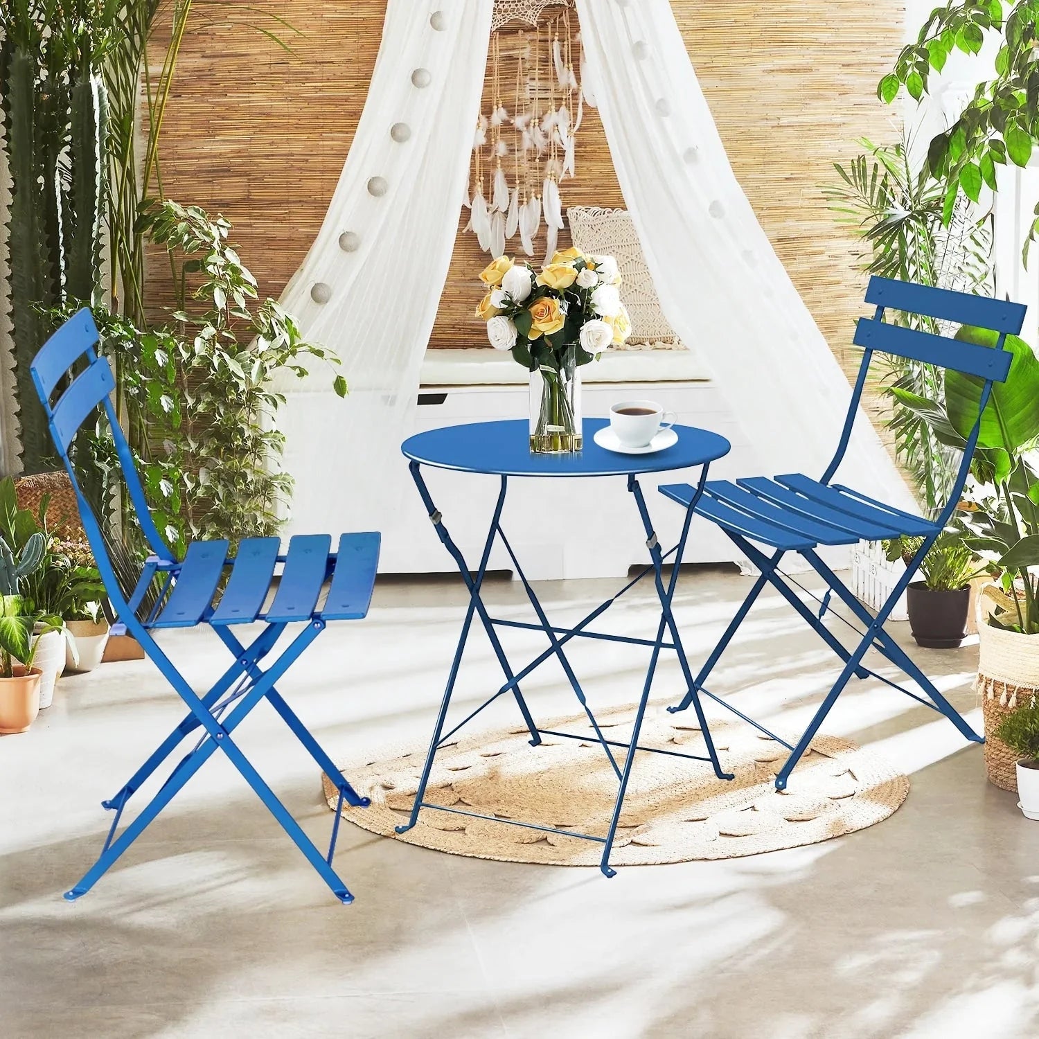 Ensemble bistrot pliant en métal 3 pièces, salon de conversation intérieur/extérieur résistant aux intempéries pour patio, cour, jardin
