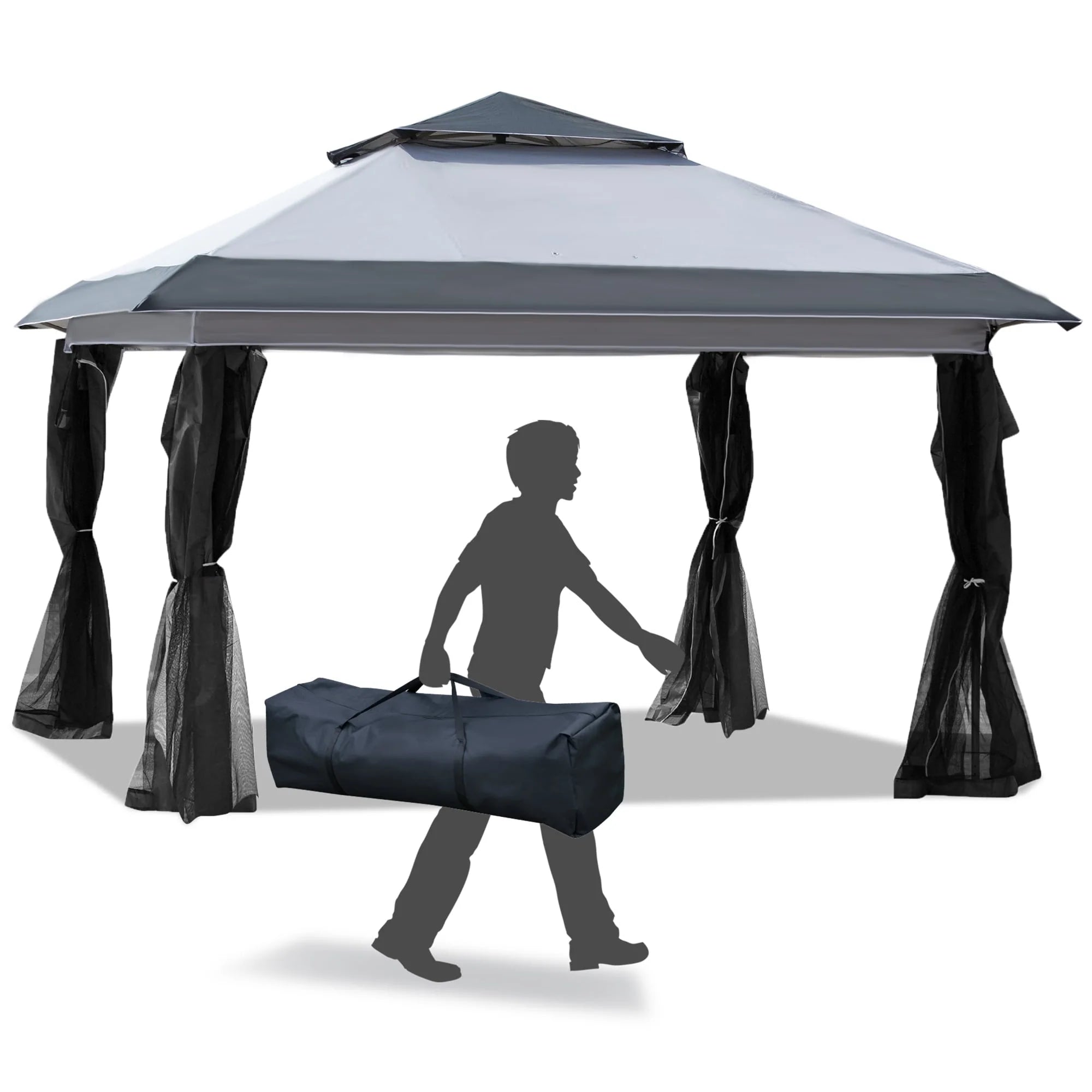 Outsunny Tonnelle Pop Up 3,6 x 3,6 m, Tente Pliante Instantanée avec Murs Latéraux en Maille Filet, Hauteur Réglable sur 3 Niveaux