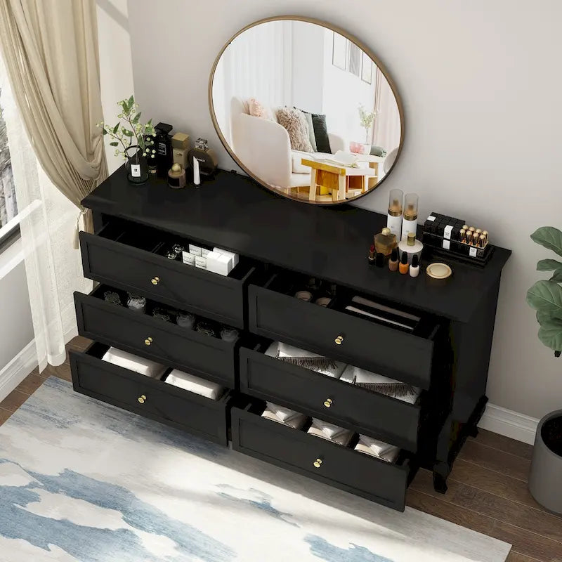 Commode de chambre à coucher avec tiroirs profonds en bois, commode double à 6 tiroirs