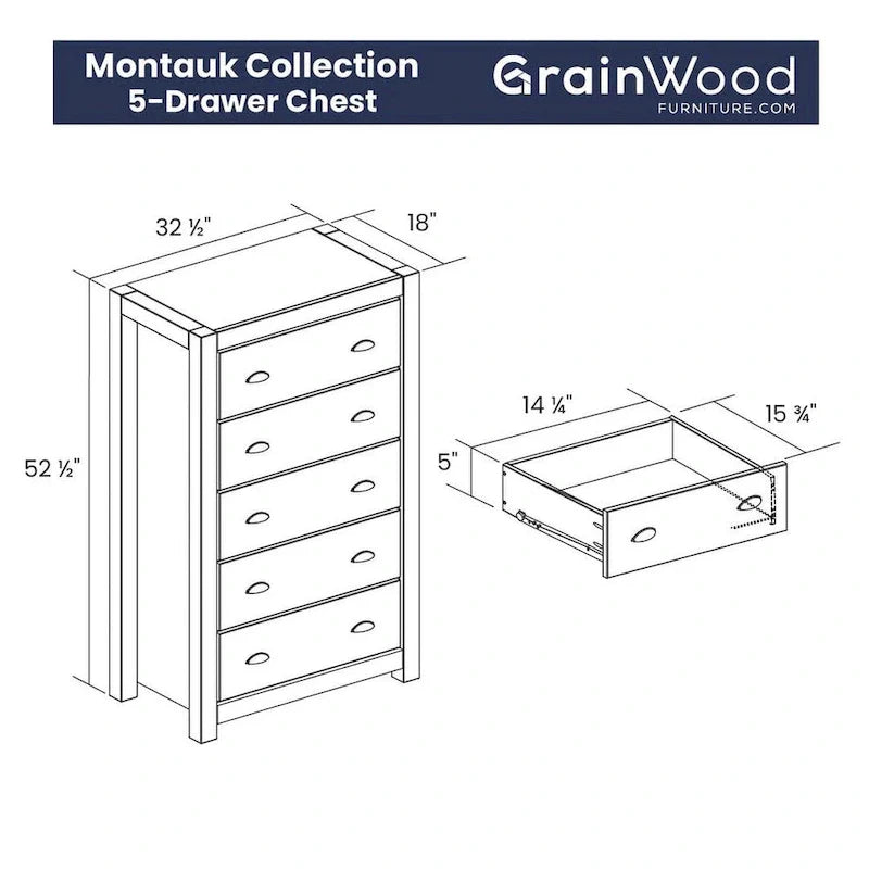Commode 5 tiroirs en bois massif Montauk de Grain Wood Furniture