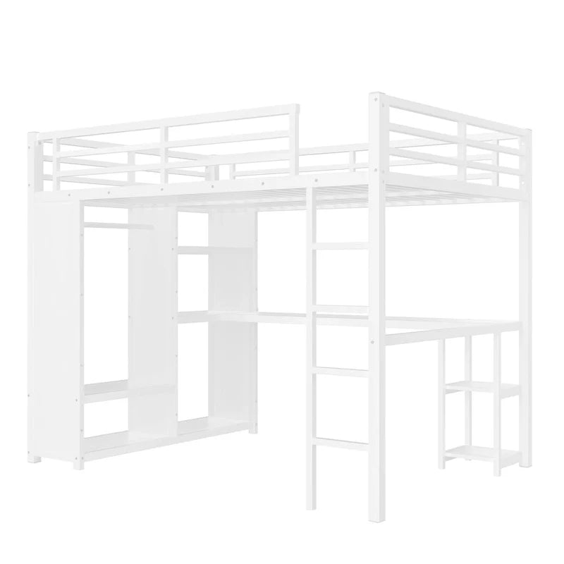 Lit mezzanine Queen - Armoire et bureau intégrés, cadre métallique avec étagères