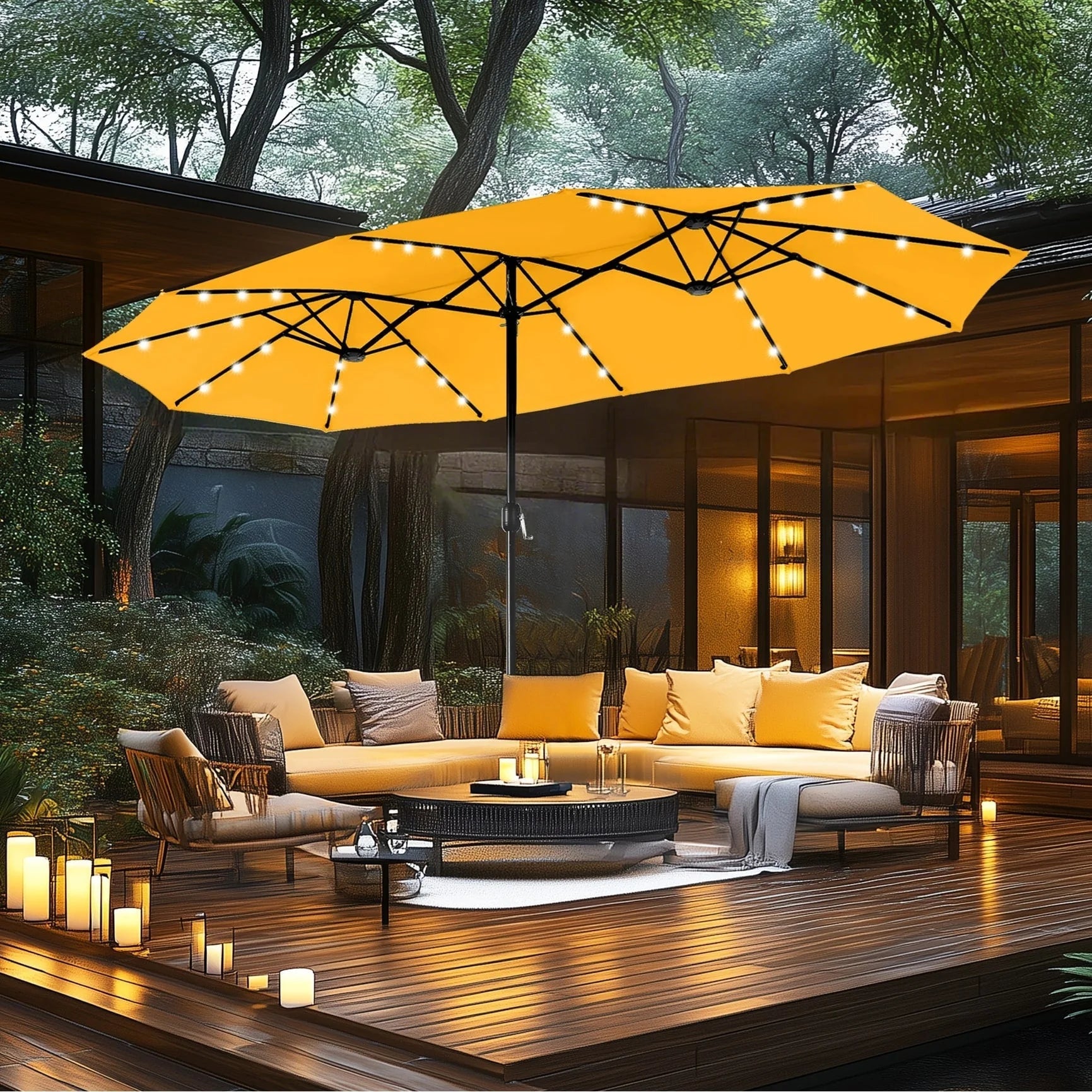 MAISON ARTS Parasol de marché extérieur rectangulaire de 4,5 m avec manivelle, double face, lumières LED solaires et base incluse
