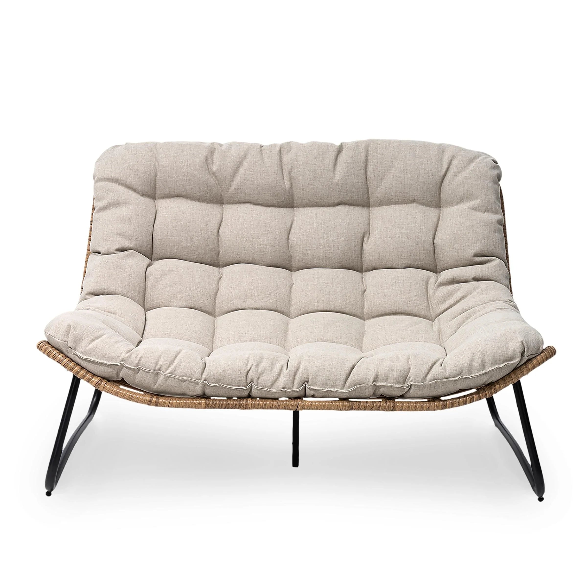 Fauteuil Double Papasan avec Coussin, en Rotin PE Résistant aux Intempéries et Cadre en Métal pour Intérieur et Extérieur