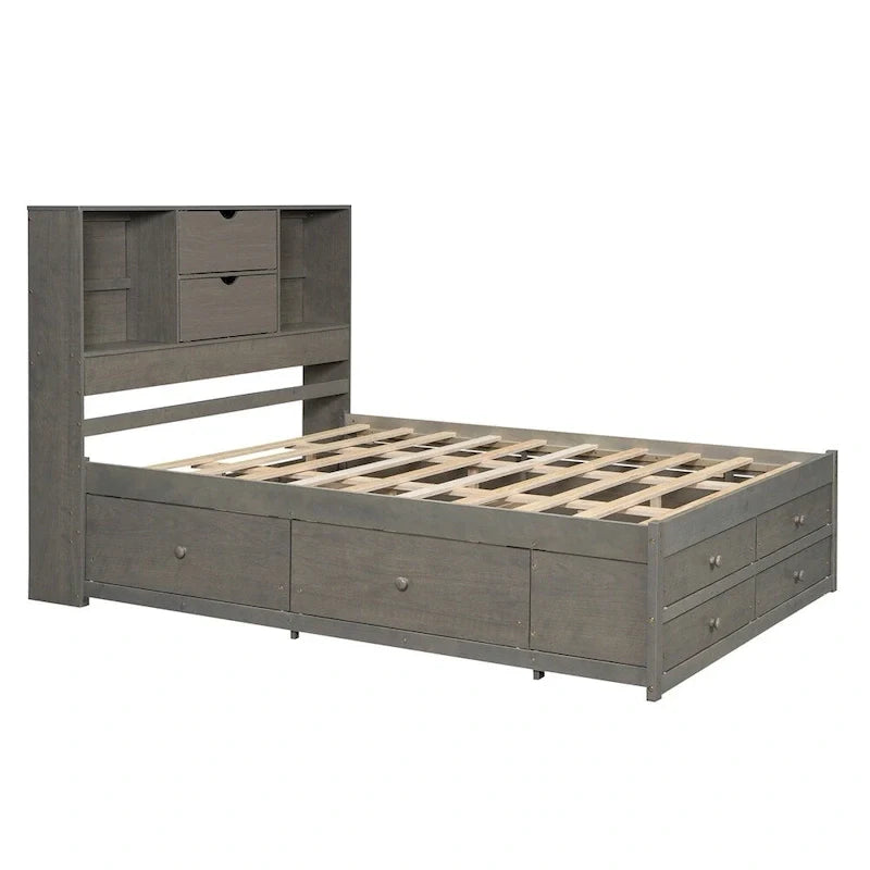 Lit plate-forme King Size avec tête de lit de rangement et 8 tiroirs