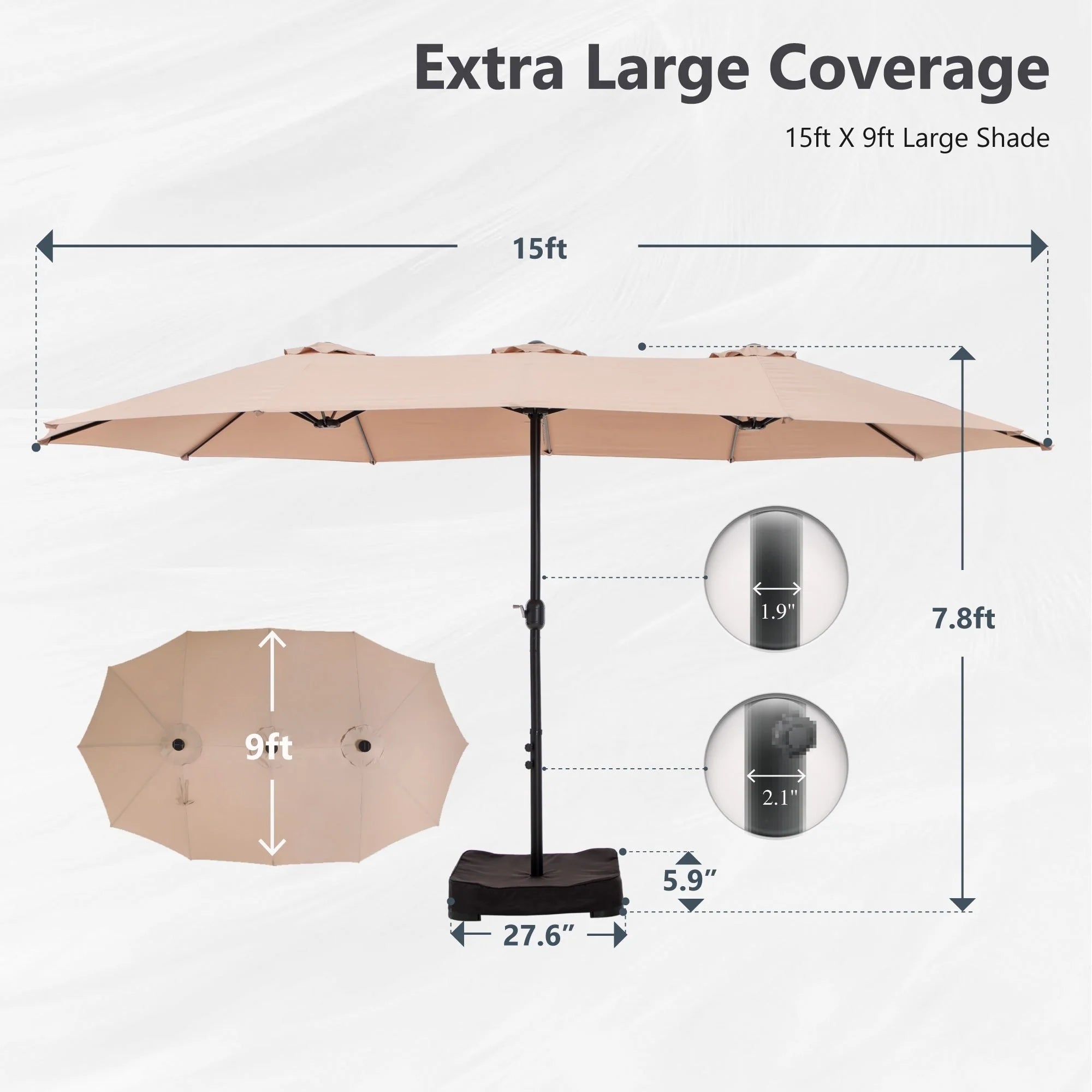 MAISON ARTS Parasol double de 4,5 m pour terrasse, grande taille, avec pied inclus