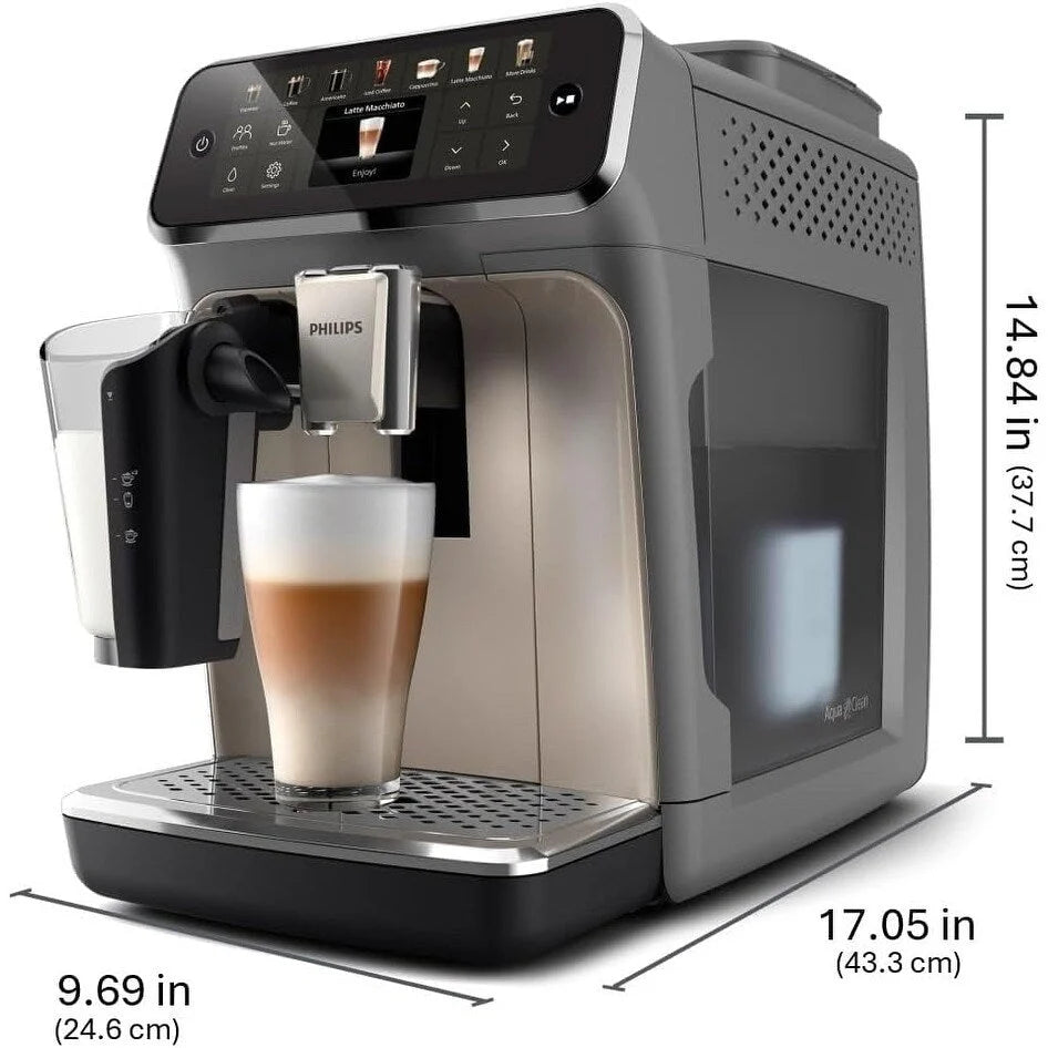 Machine à expresso haut de gamme, 12 cafés chauds/glacés, système LatteGo, moulin en céramique, chrome noir