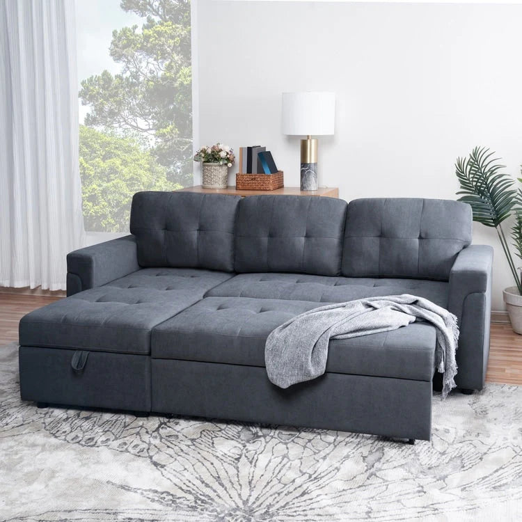 Canapé d'angle réversible convertible avec lit gigogne, méridienne avec rangement dissimulé et pieds durables