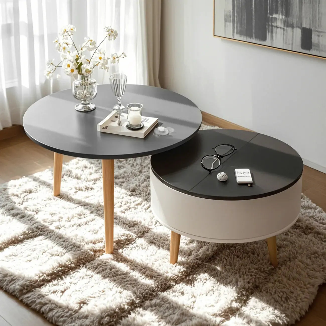 Table basse ronde en bois noir et blanc moderne avec rangement