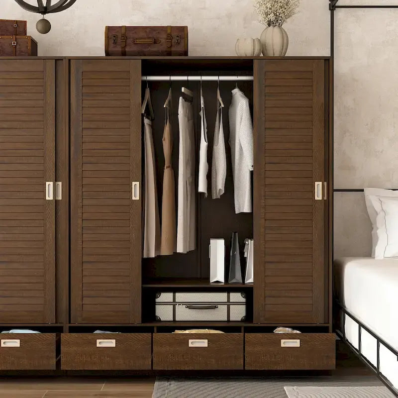 Garde-robe marron avec tiroirs, tringle à vêtements 4 portes coulissantes