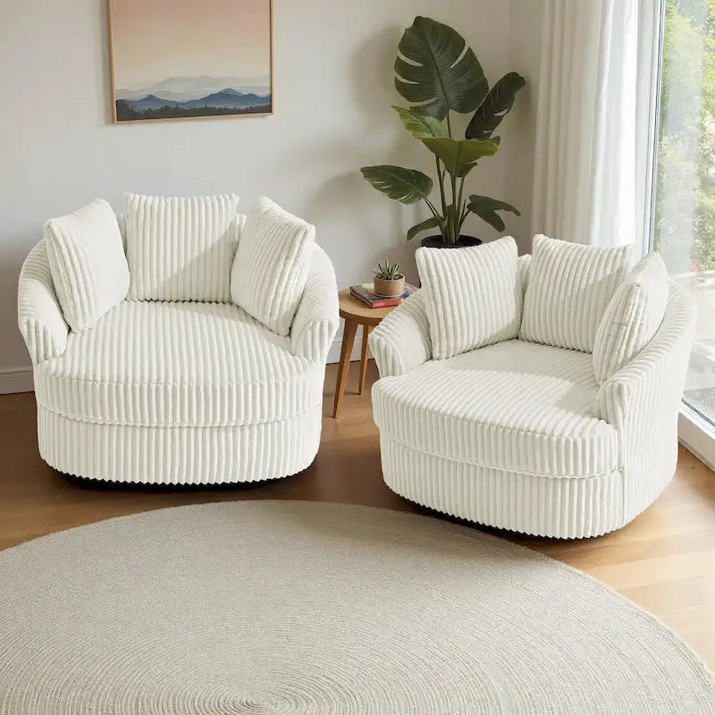 Lot de 2 fauteuils pivotants ronds surdimensionnés en velours côtelé moelleux de 43 po avec oreillers