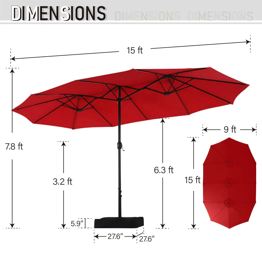 MAISON ARTS Parasol de marché extérieur rectangulaire de 4,5 m avec manivelle, double face, lumières LED solaires et base incluse