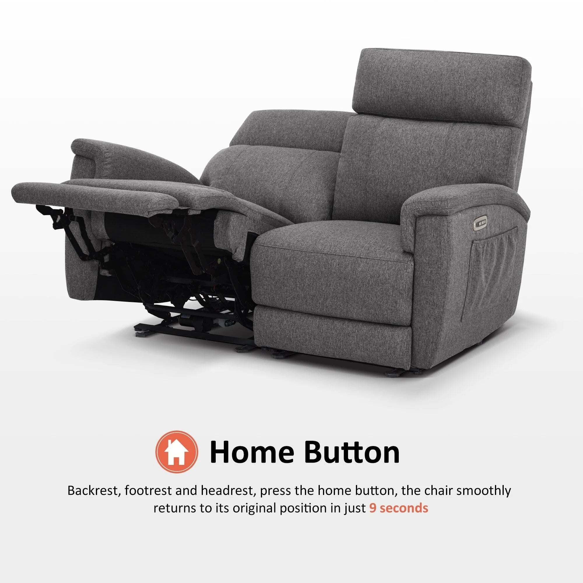 Canapé inclinable électrique biplace MCombo 60.2 avec massage et double chauffage, appuie-tête réglable, ports USB et USB-C, en tissu
