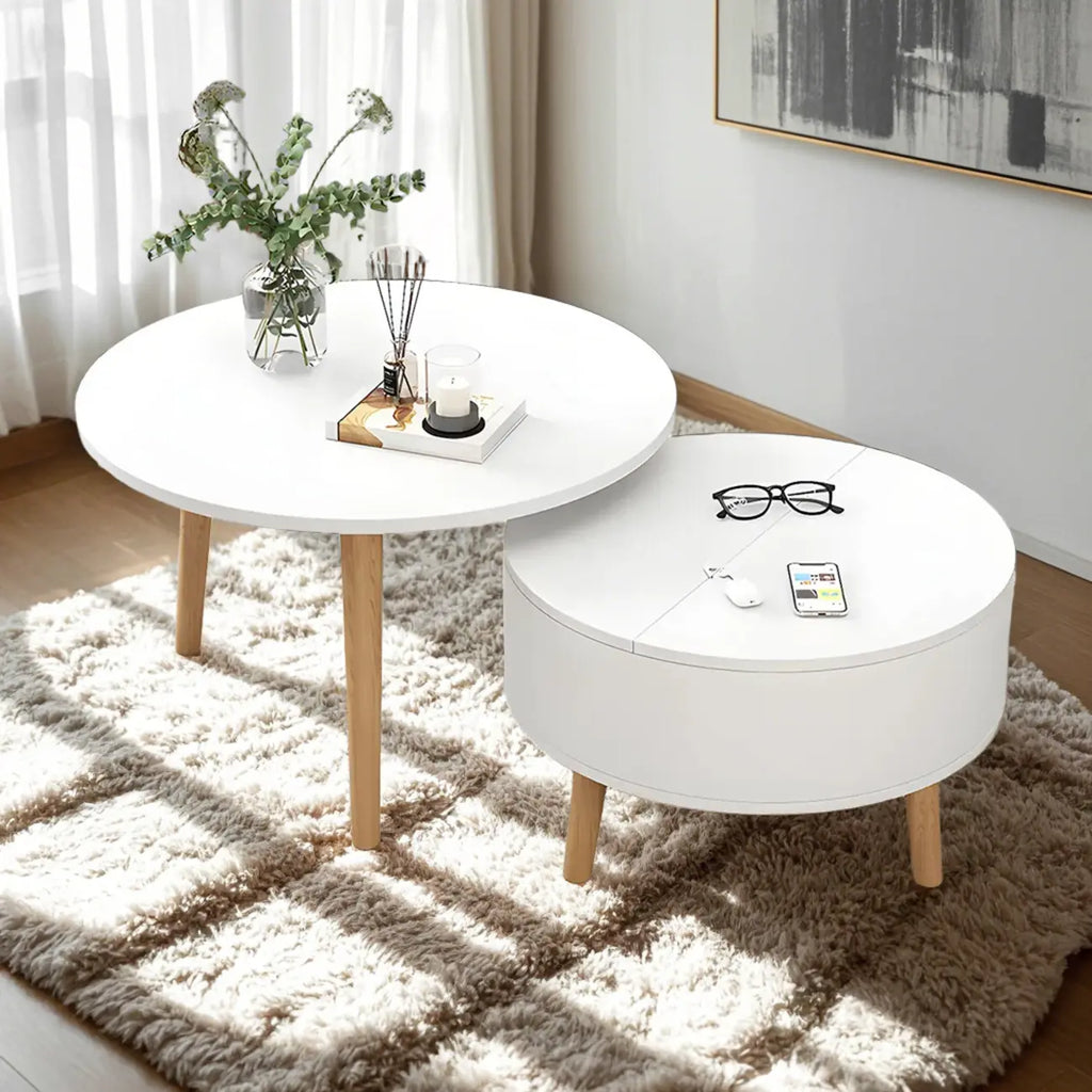 Table basse ronde en bois noir et blanc moderne avec rangement