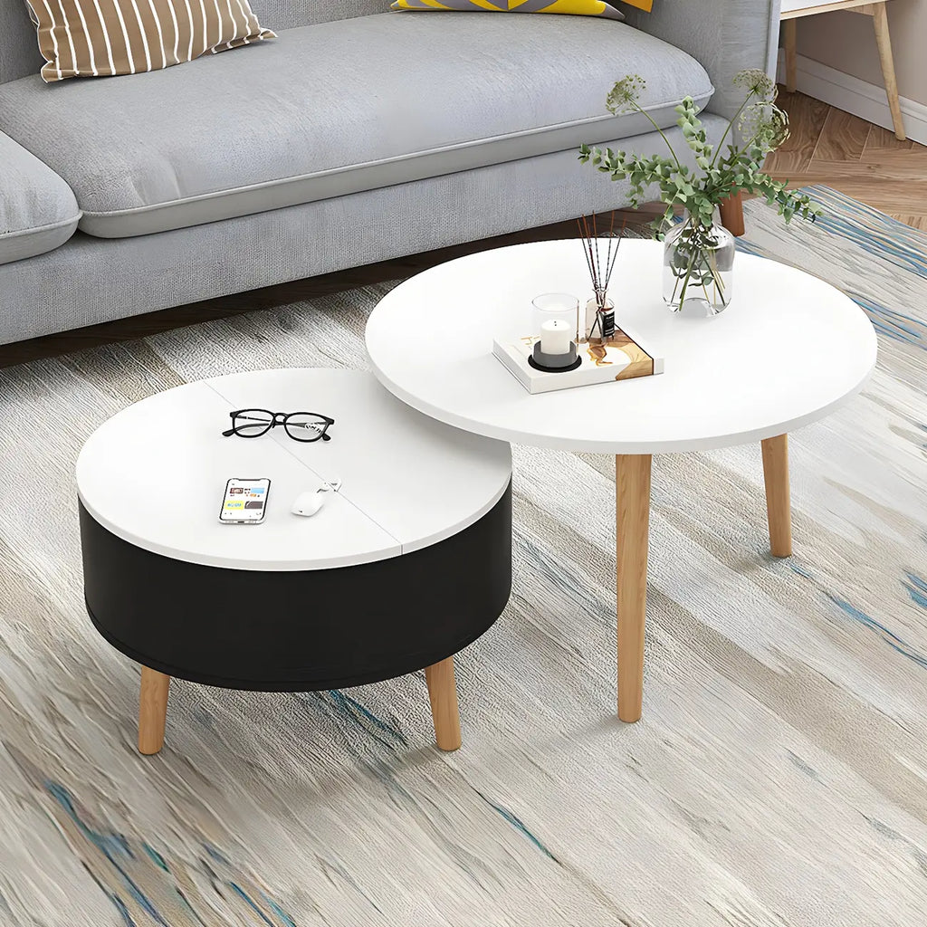 Table basse ronde en bois noir et blanc moderne avec rangement