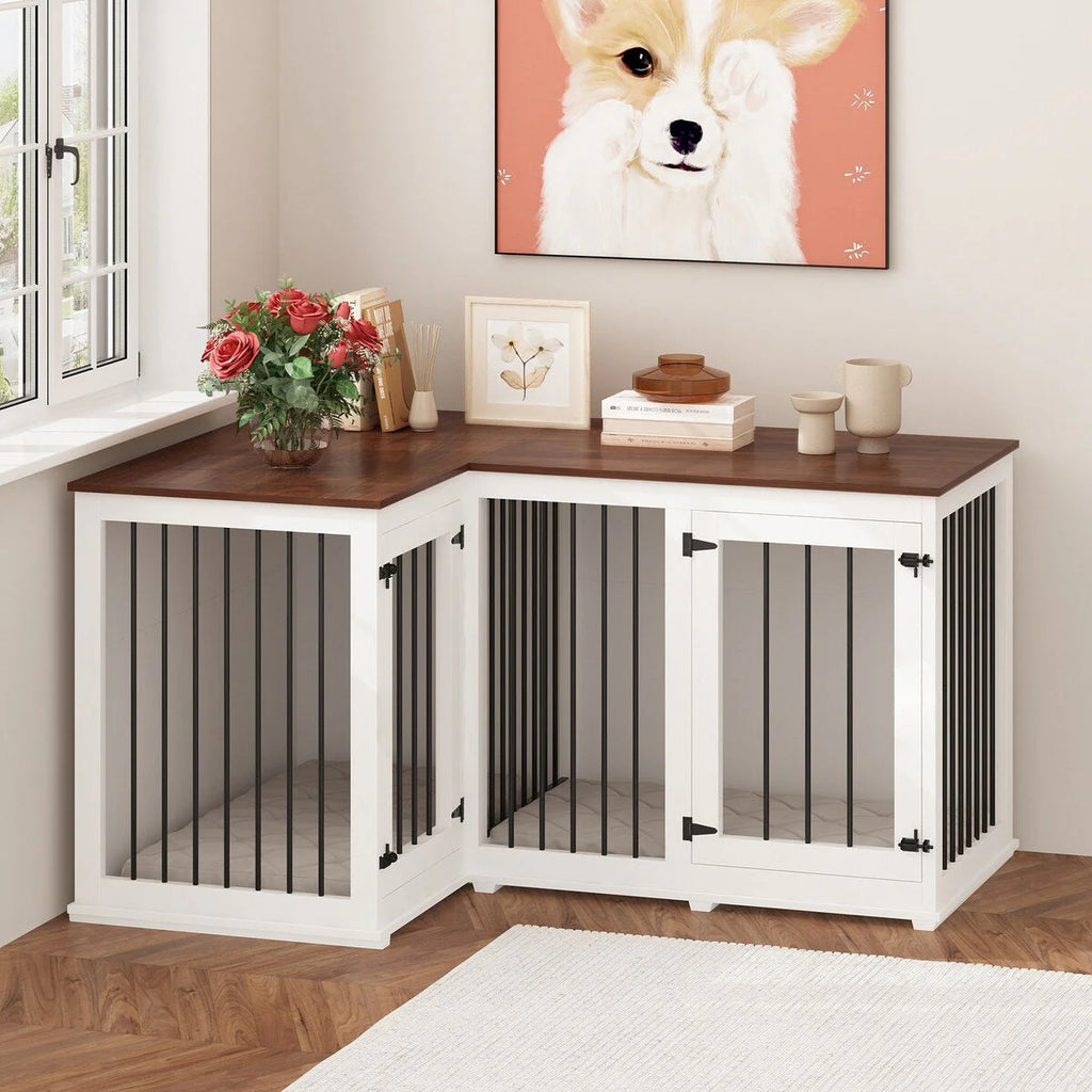 Meuble Grande Cage d'Angle pour 2 Chiens, Cage en Forme de L - 58,7X41,1