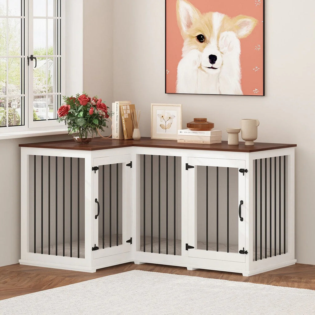 Meuble Grande Cage d'Angle pour 2 Chiens, Cage en Forme de L - 58,7X41,1